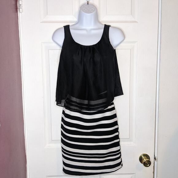 Rue 21 Front Sheer Mesh Overlay Black & White Striped Open Back Dress S - Picture 1 of 12